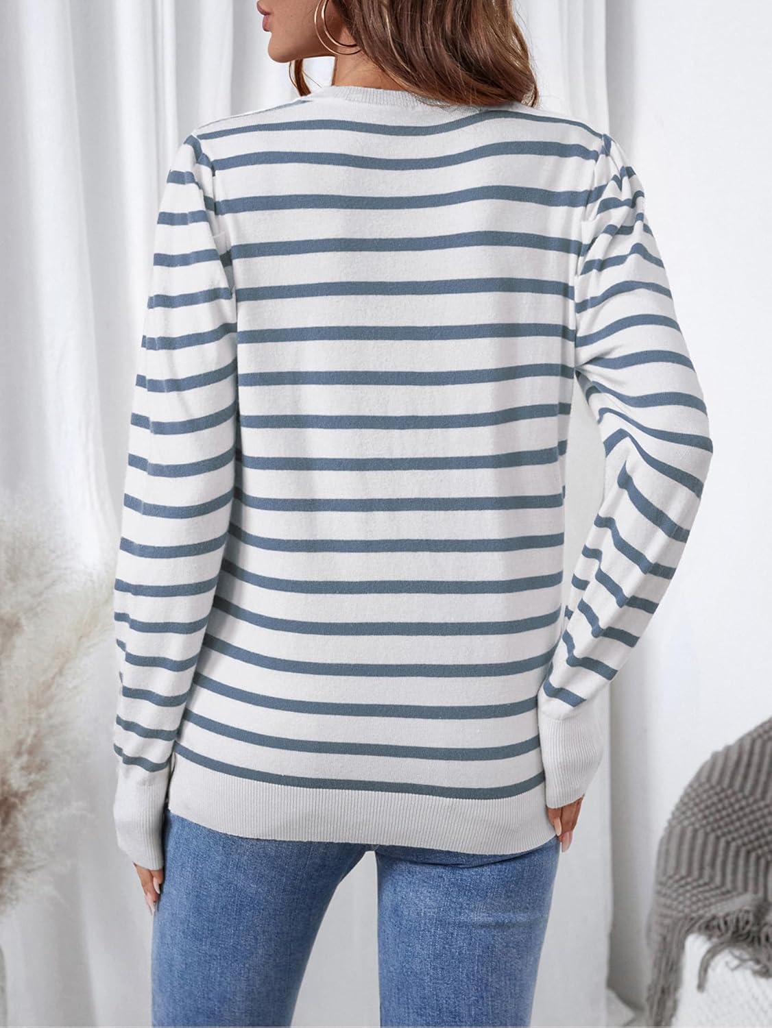 Womens Striped Sweater Fashion Puff Long Sleeve Knit Top Casual Crew Neck Pullover Sweaters - Image 4