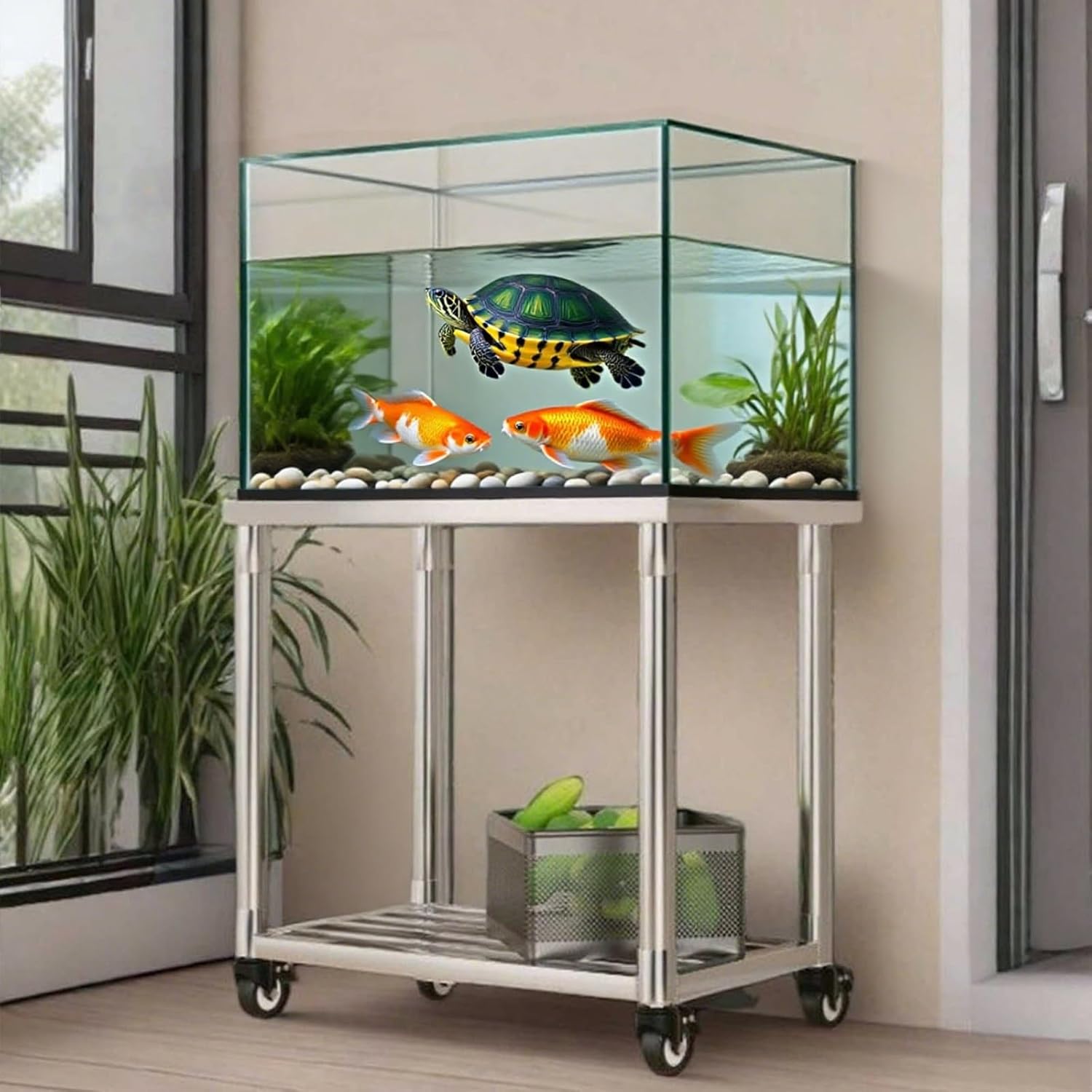 Double-Layer Aquarium Stand, Fish Tank Stand with Brake Universal Wheels, Movable Cart, Stainless Steel Frame, Heavy Duty Terrarium Shelf for Home Office(50*30*60cm)