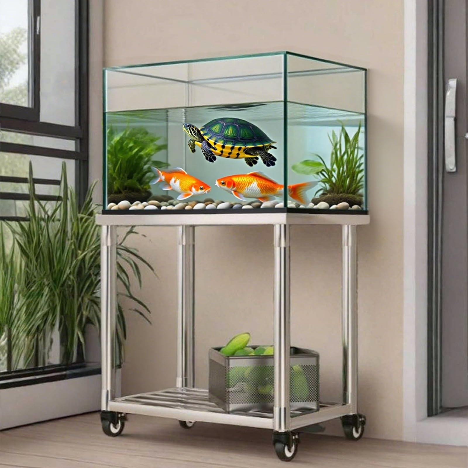 Carrito para Acuario de Acero Inoxidable Soporte de Pecera Móvil con Estante Inferior