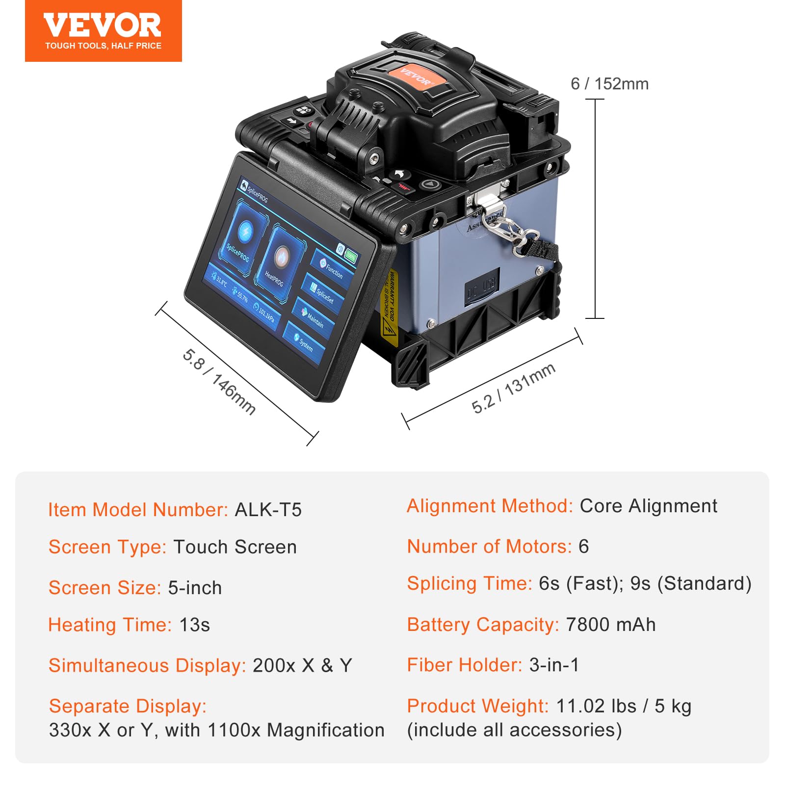 VEVOR Empalmador de Fibra Óptica de 6 Motores, Alineación de Núcleo, 7800 mAh, 146x131x152 mm
