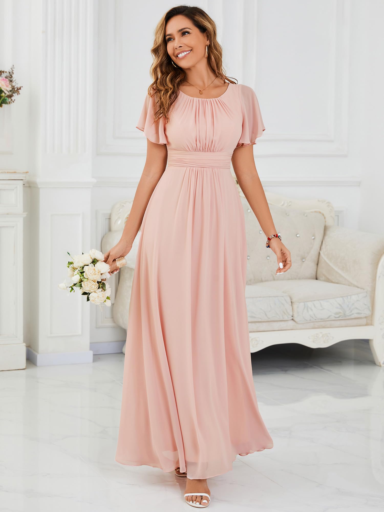 Ever-Pretty Abito Cerimonia Donna Eleganti Lungo a Maniche Corta Abito Damigella d'Onore in Chiffon Vestito Donna Elegante ES01840