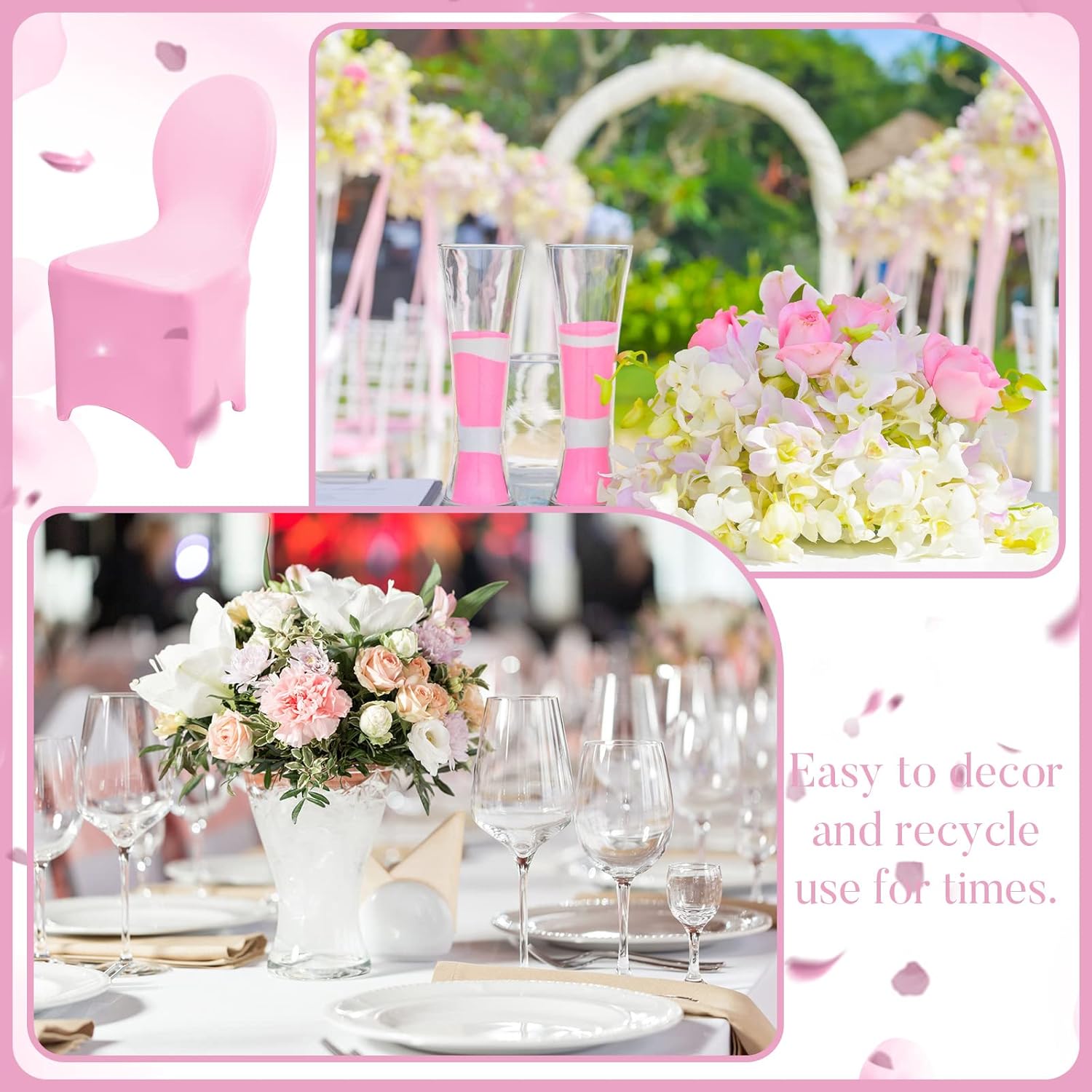 Macarrie 60 Pcs Chair Covers Wedding Seat Slipcovers Polyester Spandex Folding Chair Covers for Wedding, Banquet Party, Celebration Event, Dining Room, Living Room(Pink)