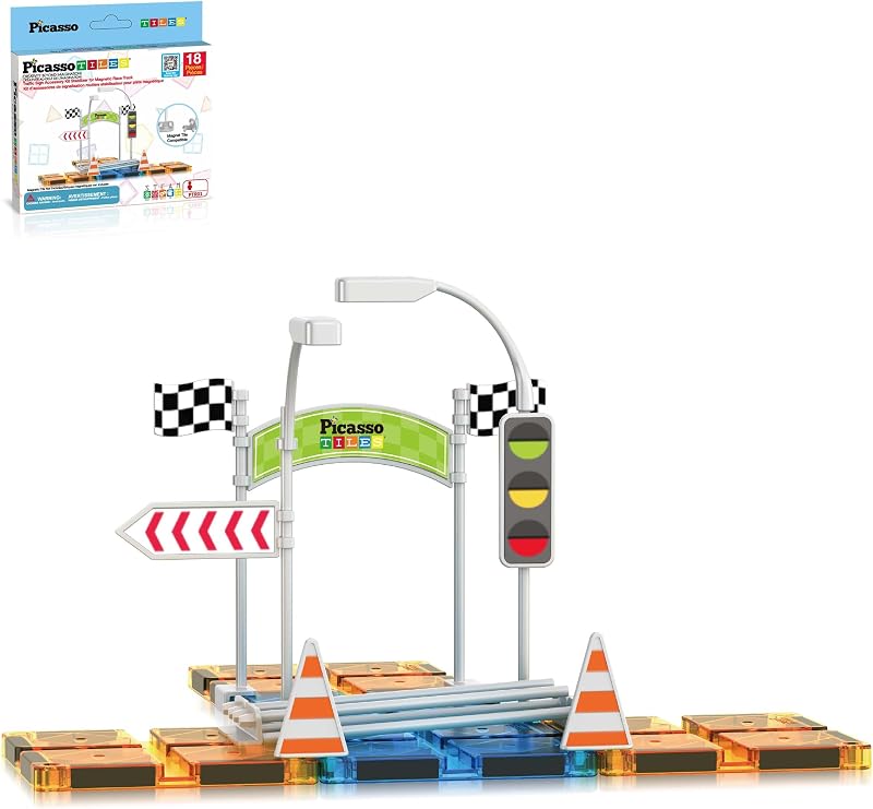 PicassoTiles Kit de pista de carreras de construcción compatible con baldosas magnéticas, accesorios para señales de tráfico, estabilizadores con juego de pegatinas, imanes educativos STEM, bloques de estructura de hipódromo para niños pequeños a partir de 3 años PTR01
