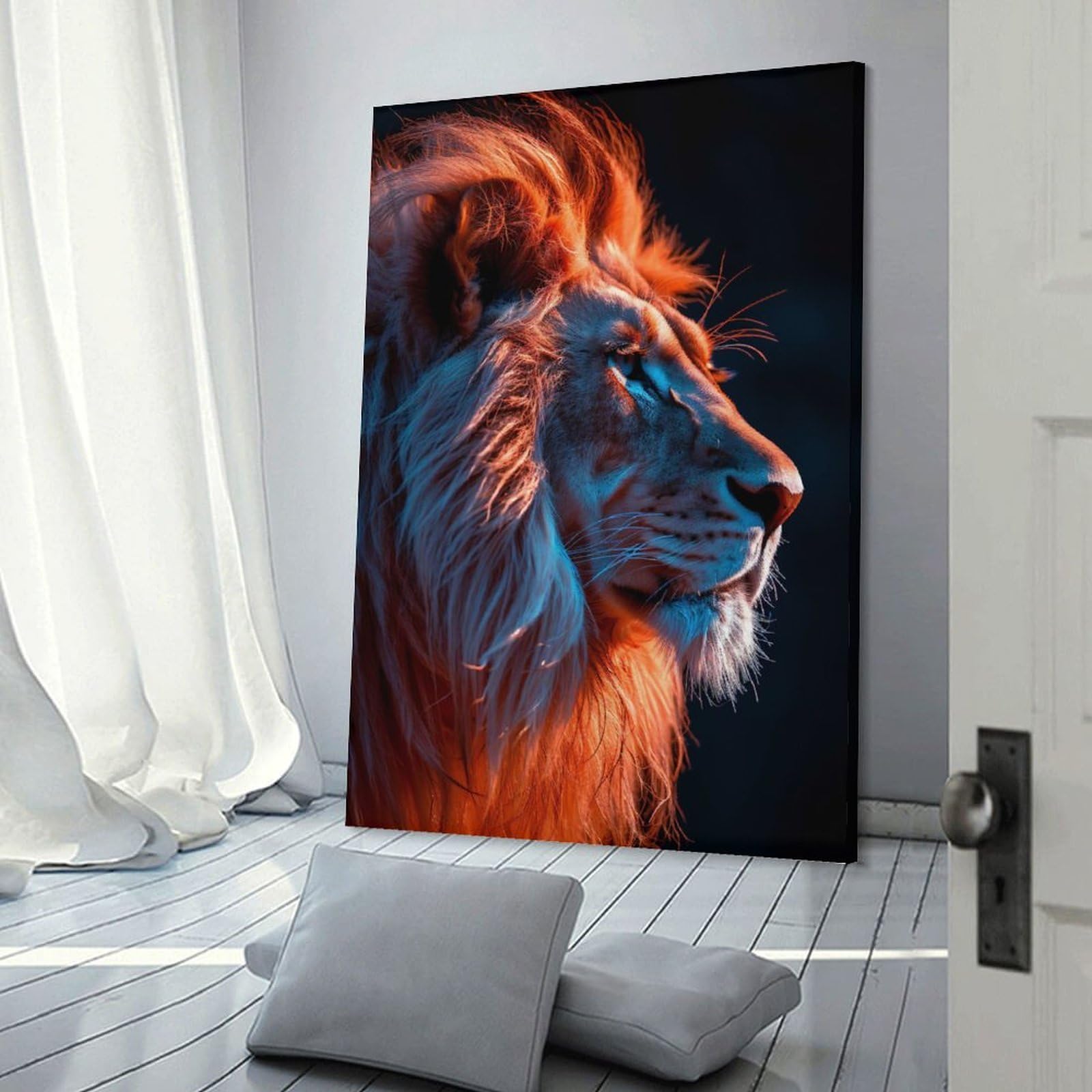 Junmoney Decorative Wall Artwork Lion Portrait with Orange And Blue Lighting, 12x18inch(30x45cm), for Calm Bedrooms, Home Corners Or Flats, An Easy Wall Refresh for Bedrooms