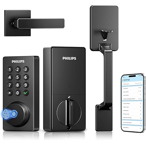 Philips Wi-Fi Smart Door Lock with Handle Set, Keypad Deadbolt for Front Door, Fingerprint Keyless Entry Door Lock with App Remote Control, IP53 Waterproof, Auto Lock, Security Easy Installation