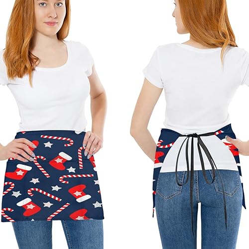 Miniatura 2 de Paquete de 3 delantales de Navidad con 3 bolsillos, impermeables, media cintura, para cocinar, lavavajillas, cocina, jardinería, salón, Estrella de