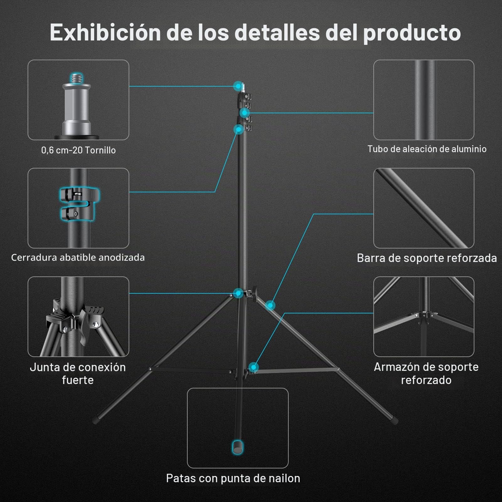 SMALLRIG Soporte de Luz Aluminio de 110''/9.2ft/280cm, Trípode con Cámara de Aire Ajustable con Tornillo 1/4" para Aputure Godox Luz Continua,para Neewer Aro de Luz,Carga Máxima 5kg, RA-S280A - 3737