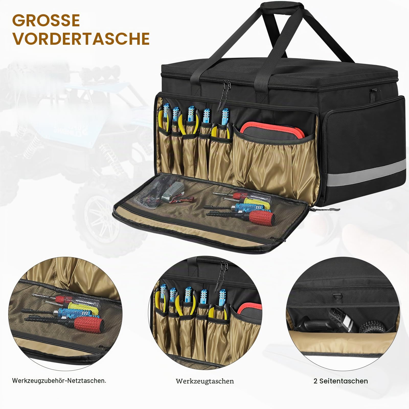 ORKELS Aufbewahrungstasche für Traxxas RC 1/14, 1/16 & 1/18 Autos, schützende Tragetasche mit Bodenschindel und Multi-Taschen für Werkzeuge & Zubehör, Schwarz