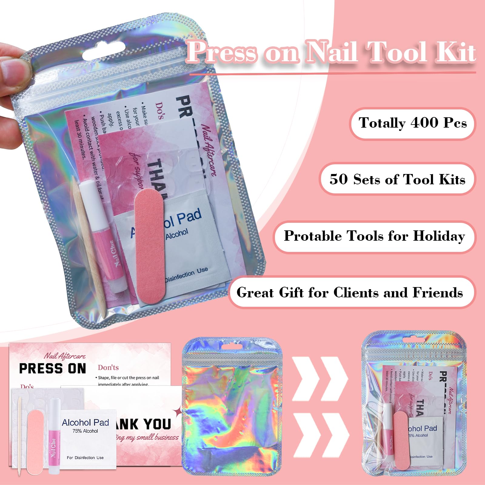 Kit de herramientas de uñas a presión para negocios de uñas, kit desechable con lima de uñas, pegamento de uñas, almohadillas de preparación, tarjeta de instrucciones, pestañas adhesivas para uñas,