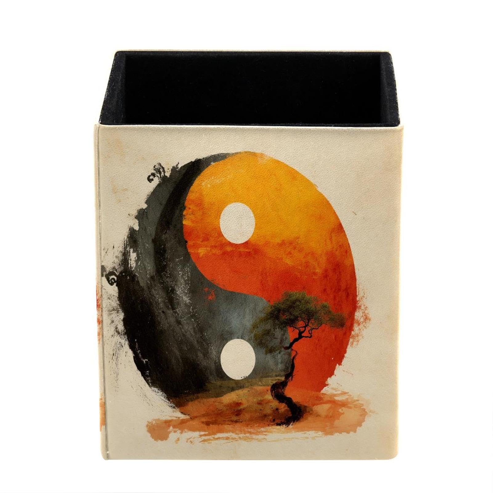 XingFox Treen Yin and Yang Pen Holder for Desk Deco, Sqaure PVC Leather Pencil Cup for Desk Pen Organizer, Makeup Brush Holder for School, Home, Office