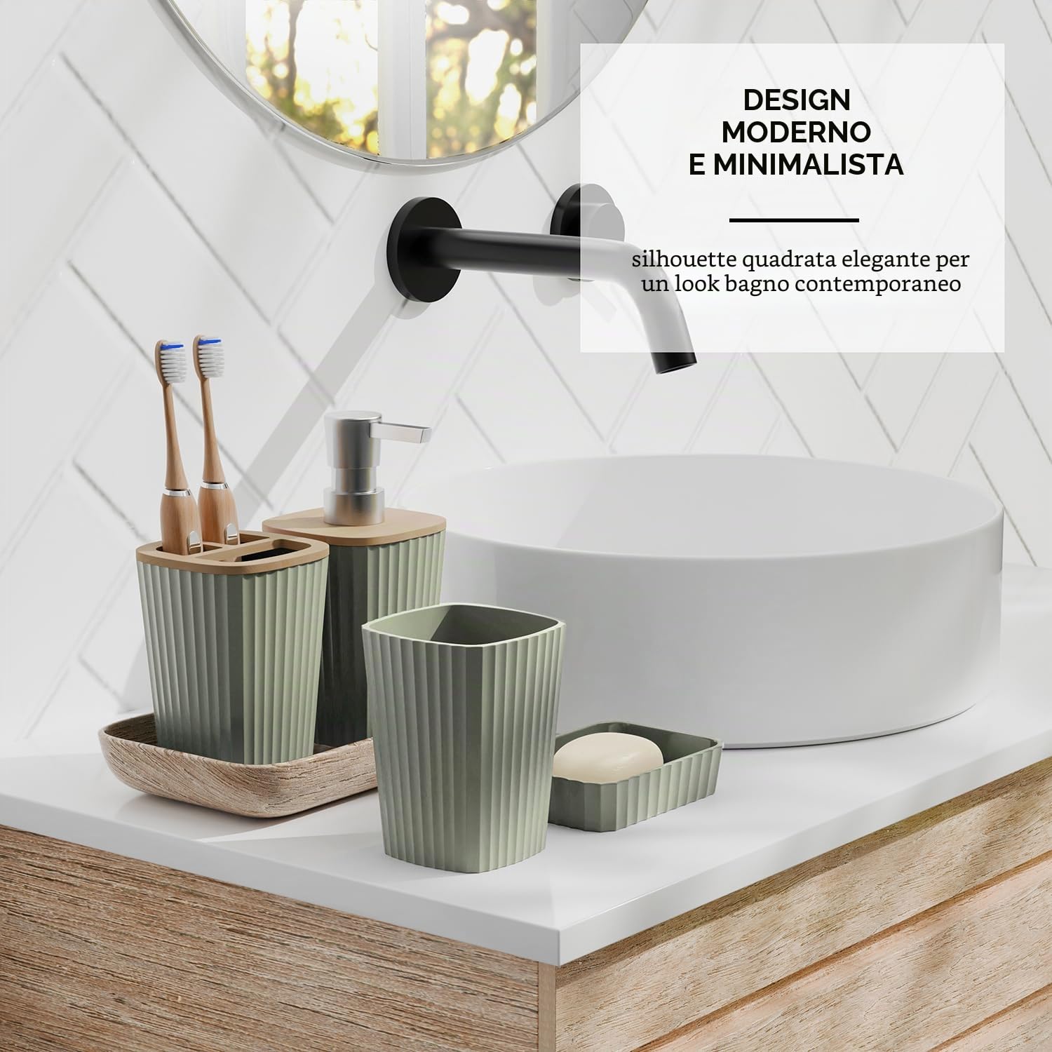 Clara Clark Set di accessori da bagno verde salvia, set di 6 accessori da bagno, set da bagno con scopino, cestino e dispenser di sapone