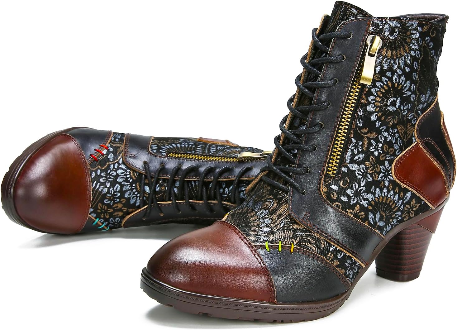 Superladystar's Retro Handmade Leather Ankle Boots, Mid heels, Comfortable, Boots, Colorful Painting, Metallic Style - Fashion