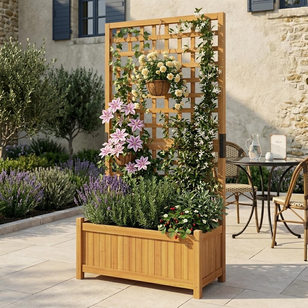 GOPLUS Jardinera con Enrejado, Macetero Elevado de Madera de Abeto con Celosía, Orificios de Drenaje y Base Desmontable, Cama de Plantas para Patio, Jardín y Balcón, 76 x 32 x 143 cm (Naranja)