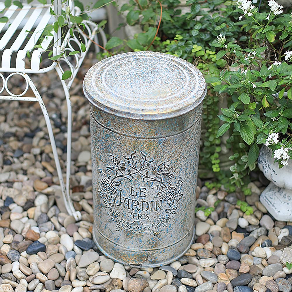 Pattumiera a pedale da giardino in metallo grigio fatta a mano "Le Jardin" look vintage unico chic HA1302