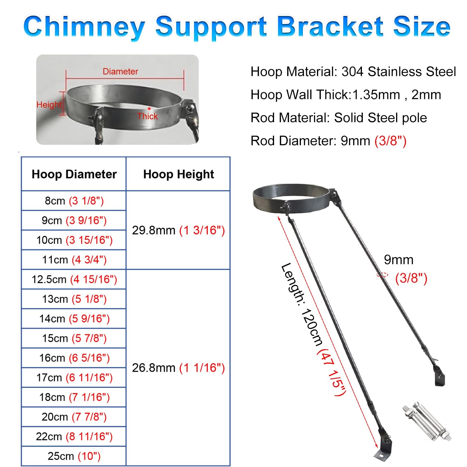 Supporto per Tubo Camino Supporto per Caminetto da Tetto Esterno, Kit Universale in Acciaio per Tubo Stufa - Fascia Rotonda, Gamba in e 2 Viti(Hoop Dia 12.5cm (4 15/16"))