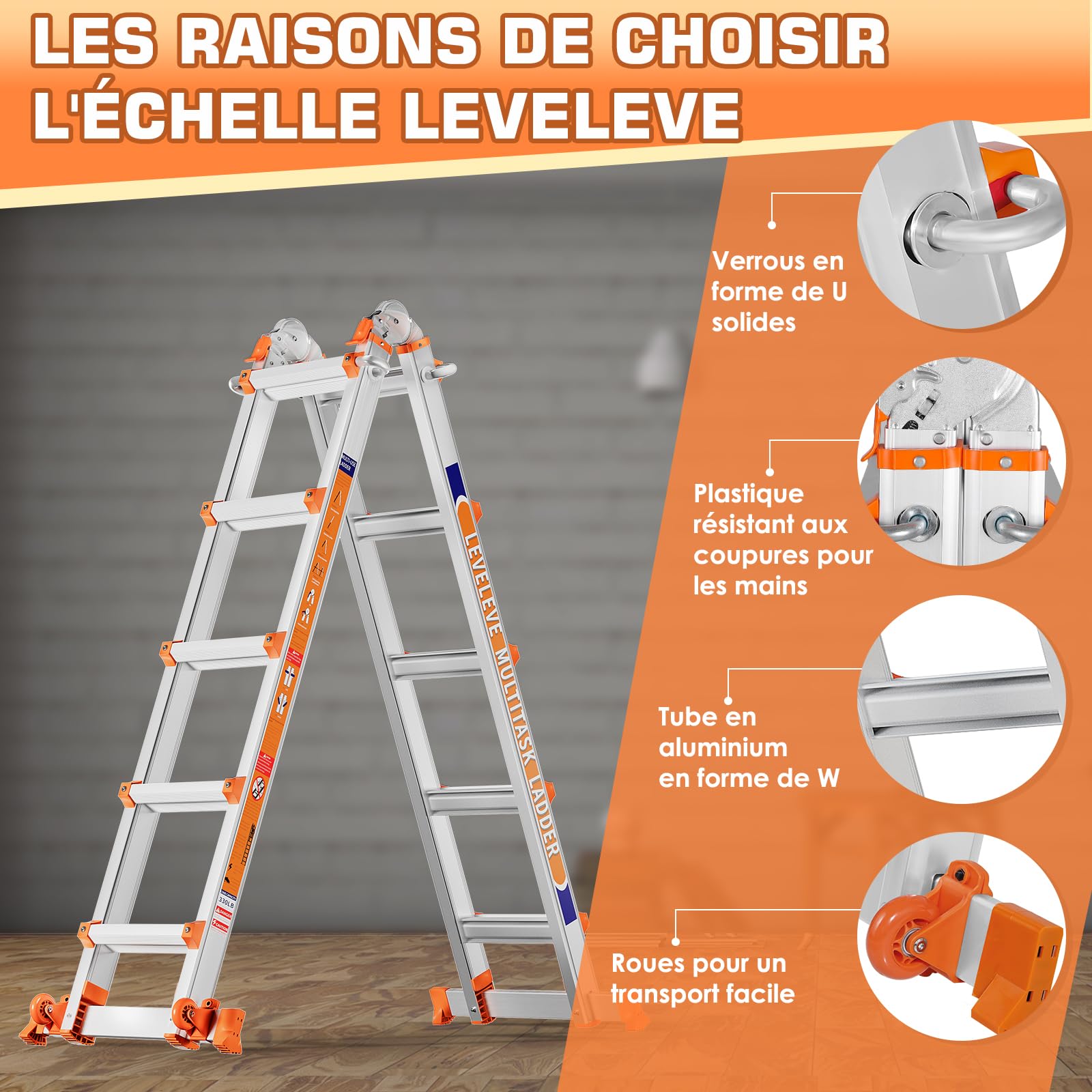 Échelle Polyvalente à 5 Niveaux,5,18 m, avec Tige stabilisatrice et Roues, capacité de Charge 150 kg, échelle de sécurité a pour échelles, Maison intérieure et extérieure, Toit