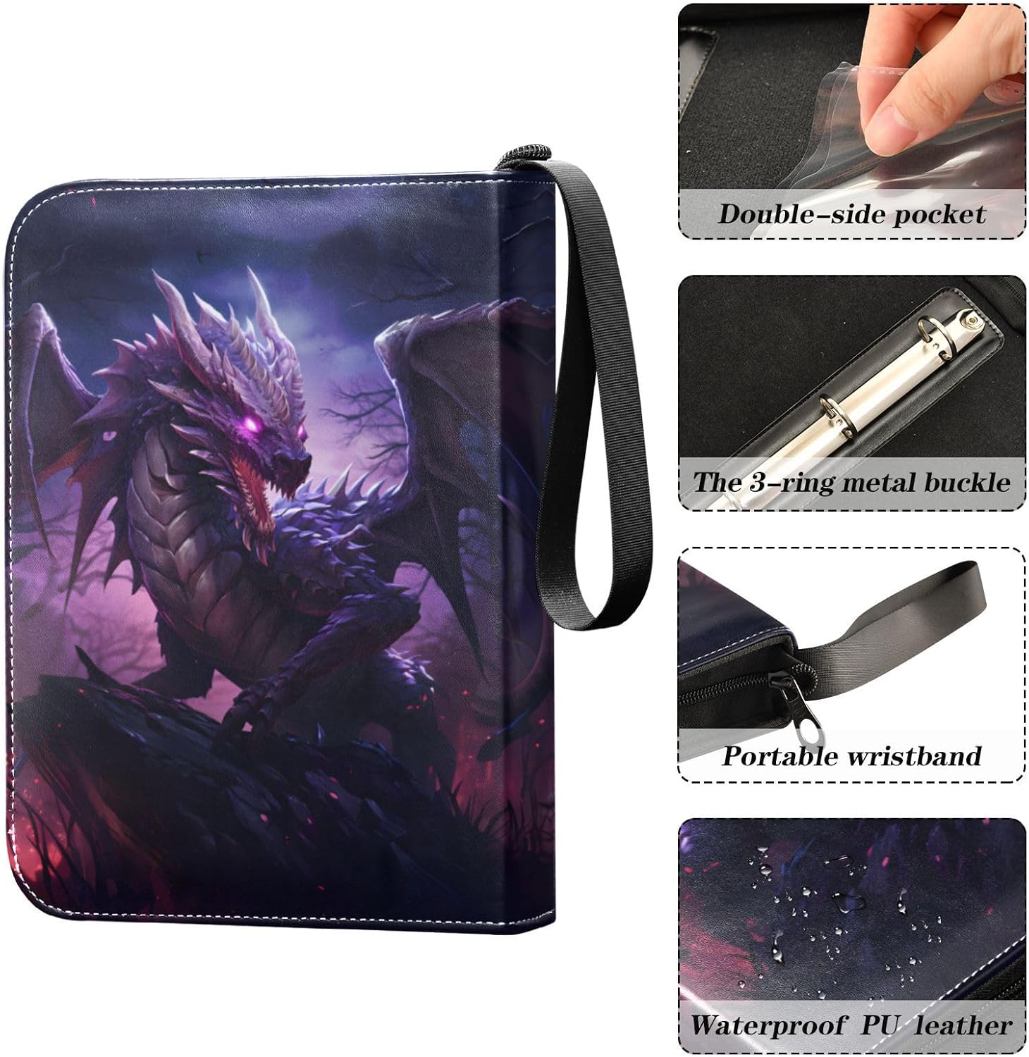 Dragon Purple Card Binder 4 Pocket Zipper PU Trading Card Album Fits 400 Game Cards 50 Removable Sleeves Card Folder Collection for Baseball MTG TCG Sports Cards