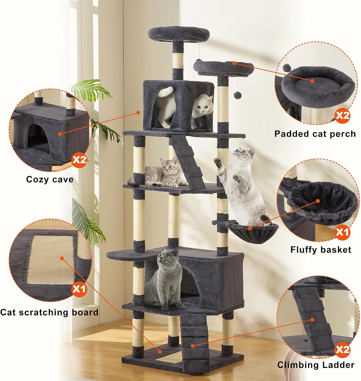 review MDEAM Cat Tree 81 Inch Multi-Level Large Cat Tower for Large Cats with Cat Caves/Scratching Board/Climbing Ladder/Sisal Scratching Posts/Basket/Cozy Plush Cat Perches(Dark Gray)
