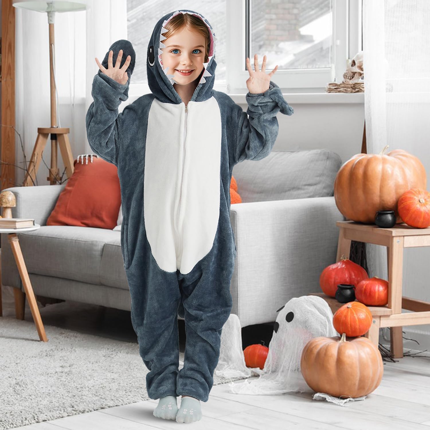 Halloween Shark Blanket Hoodie Onesie Pajamas for Kids Unisex, Soft Cozy Shark Zip-Up Pajama Costume - Image 5