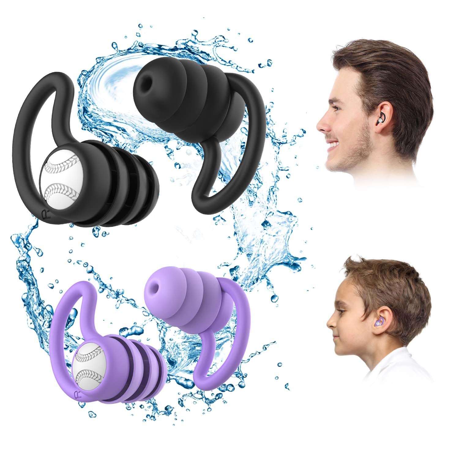 Tappi per le orecchie da nuoto per adulti, impermeabili, riutilizzabili, in morbido silicone, per doccia, nuoto, surf, snorkeling e altri sport acquatici (Nero+Viola)