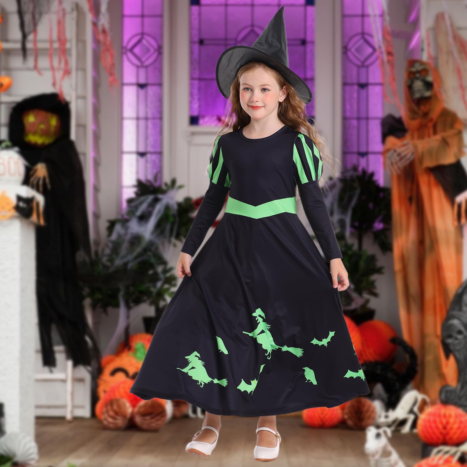 Marendyee Witch Costume Kids Christmas Fancy Dress Up for Girls with Witches Hat Green Gloves Set World Book Day Costumes Cosplay Puff Sleeves Swing Dresses Outfit 9-10 Years - Image 4
