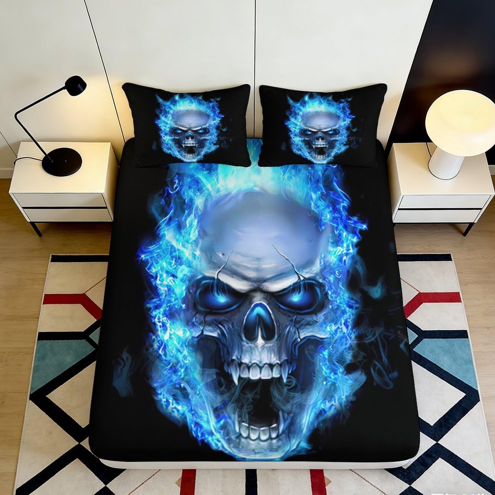 3D Printed Blue Flame Skull Fitted Sheet Microfiber Soft Mattress Cover Bedroom Decor Dorm Protection 180x200x25cm