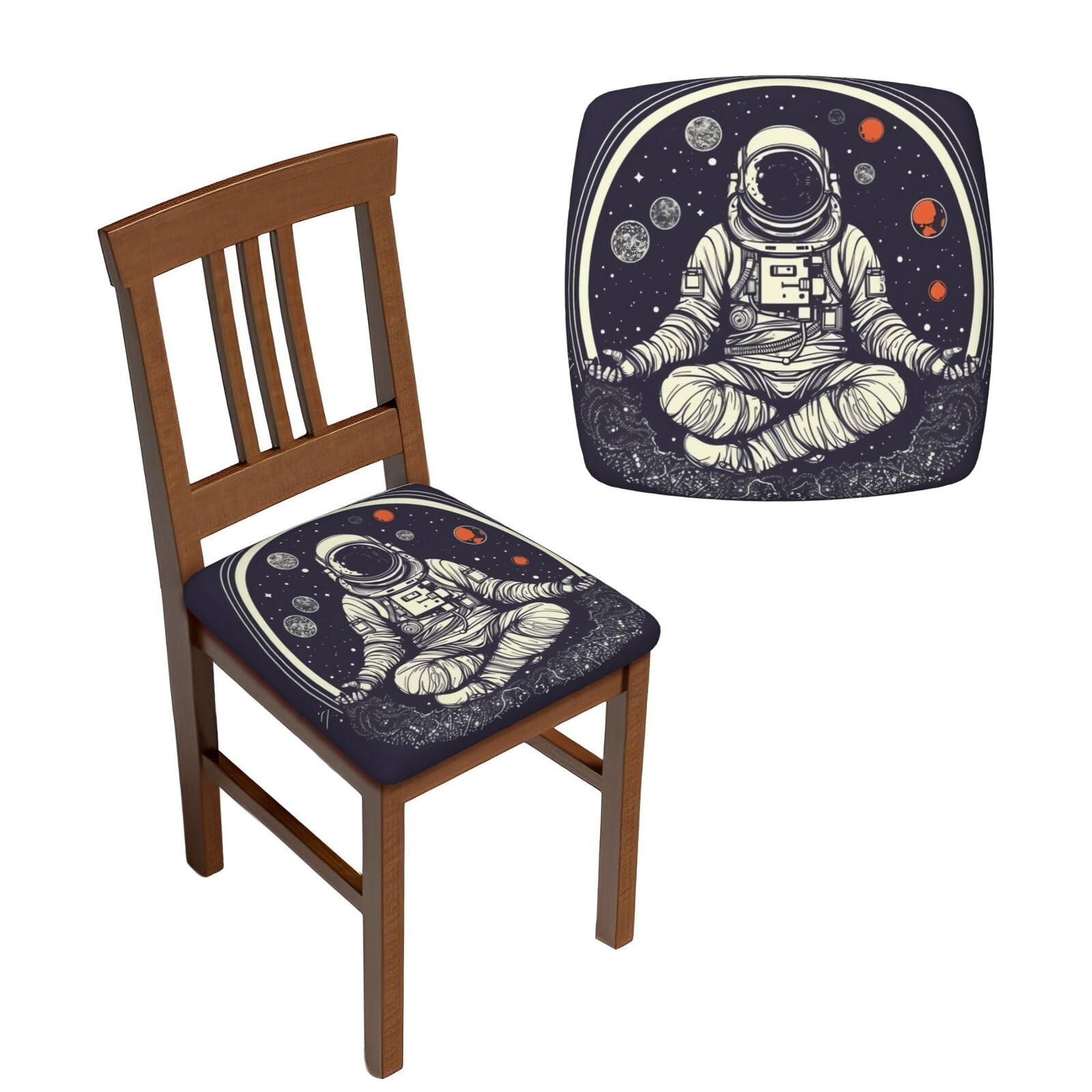 FodPand 4PCS Dining Chair Covers for Dining Room Astronaut Sitting in Yoga Chakra Chair Seat Cover Stretch Parsons Chair Slipcover Removable Washable Seat Cushion Slipcovers Cover for Kitchen Office