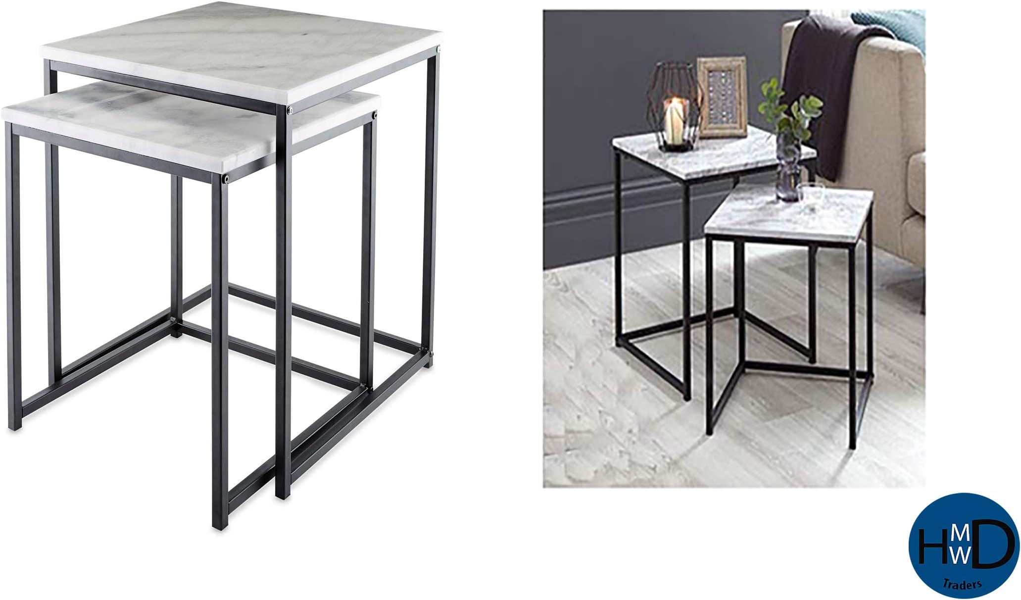 HMWD ® Wonderful Feature Set of 2 Marble Effect Nest of Tables With Metal Frame
