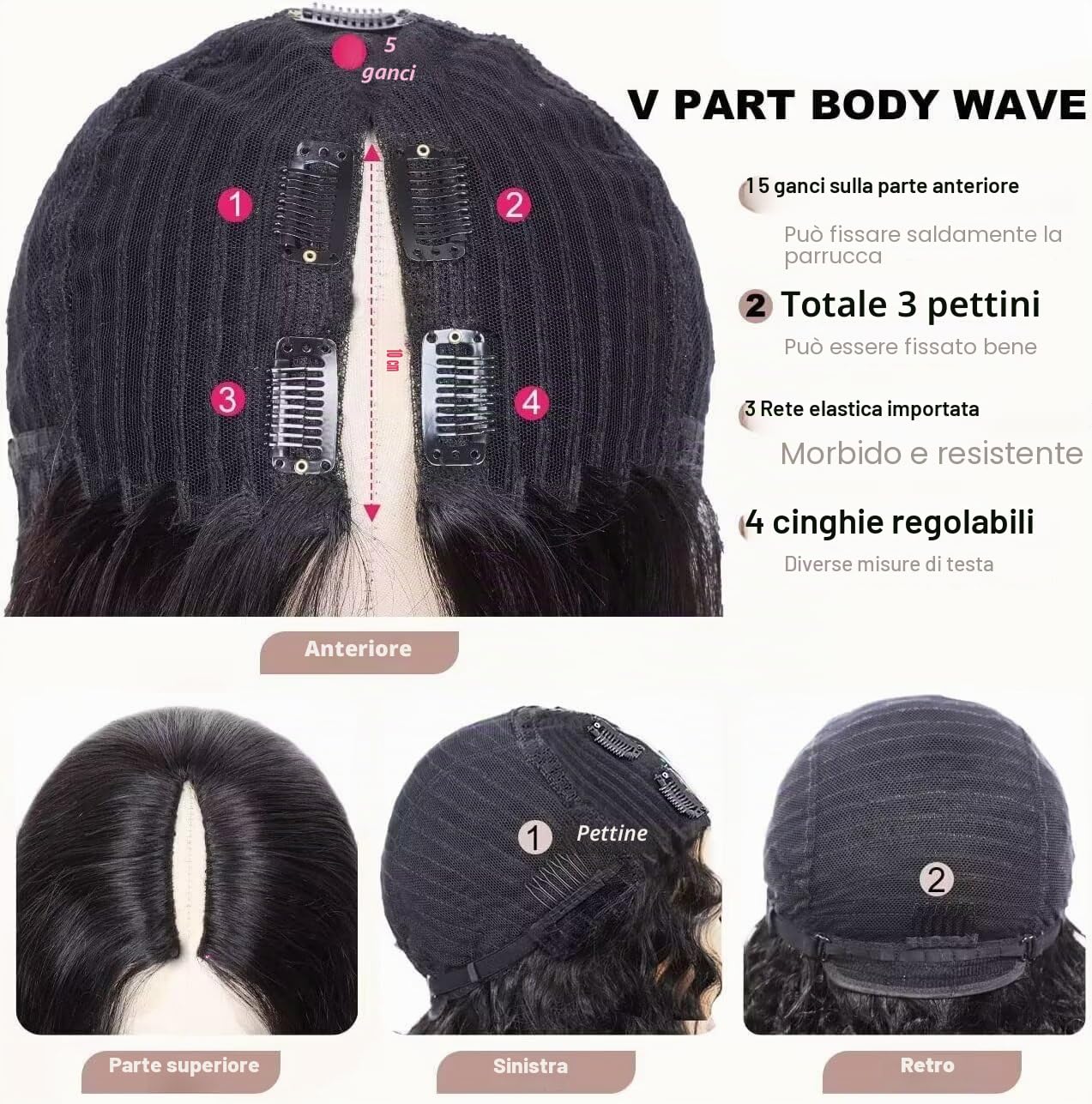 V Part - Parrucca da donna in capelli umani brasiliani, 180% densità, 16 pollici, Wig No Lace Wear And Go Glueless