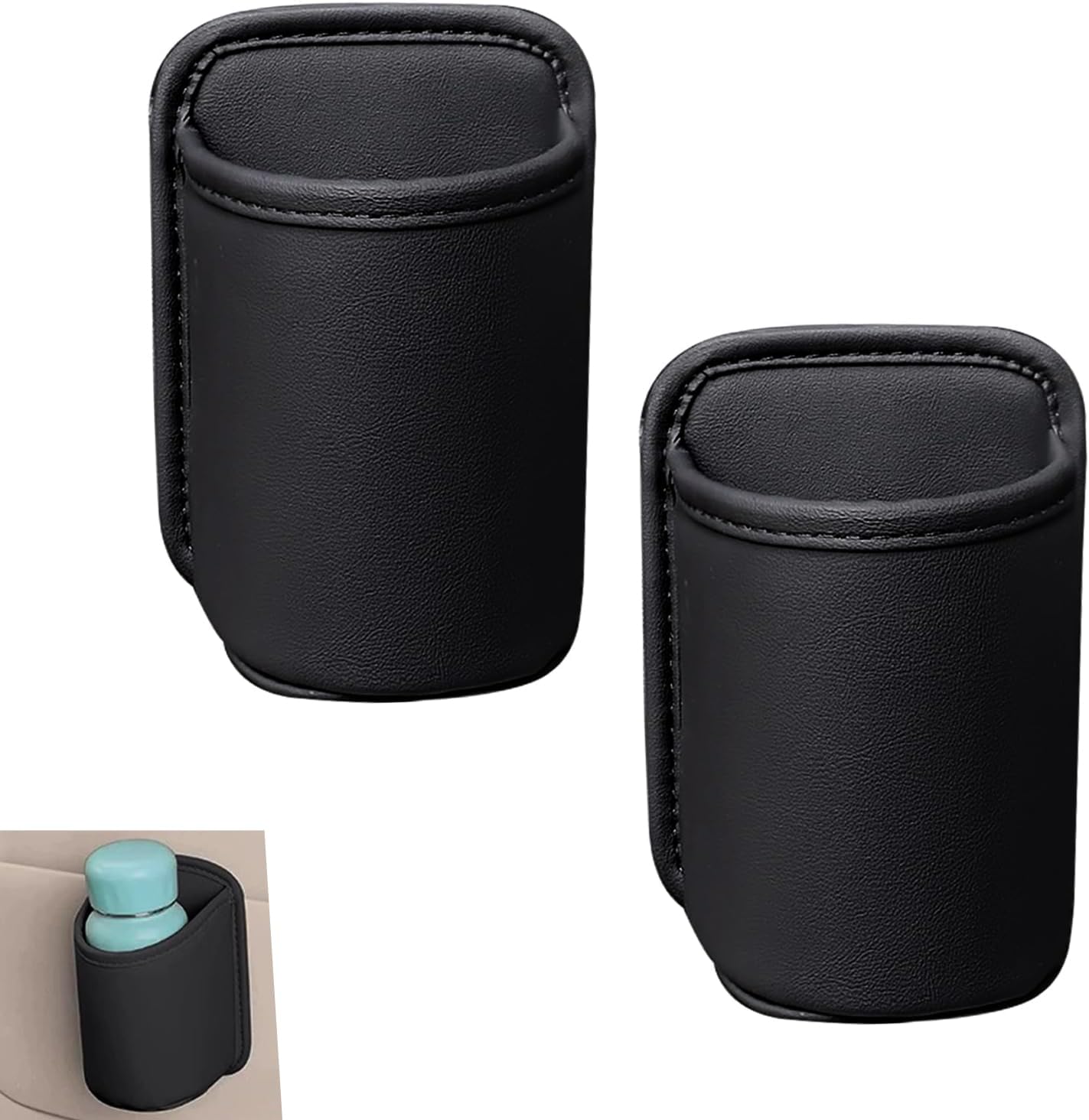 2 PCS Car Door Cup Holder, Multifunctional Leather Storage Bag Trash Can, Waterproof Side Door Pocket for Beverage Water Cup Mobile Phone, Fit for Most Cars Trucks (Black)