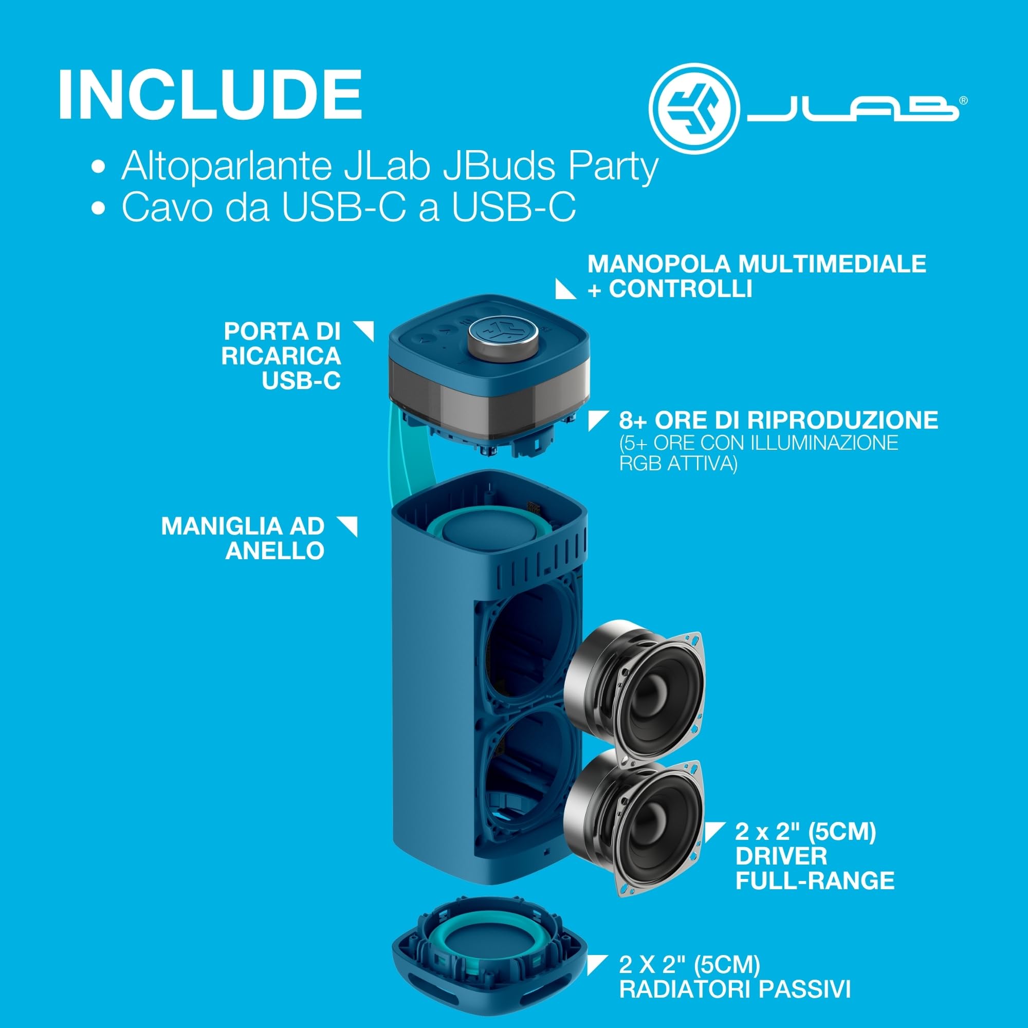 JLab JBuds Party Cassa Bluetooth Portatile - 12+ ore, Blu Navy | Altoparlante Wireless da 30W per Esterni e Viaggi con Luci RGB e Audio Potente, Resistente all'Acqua IP56