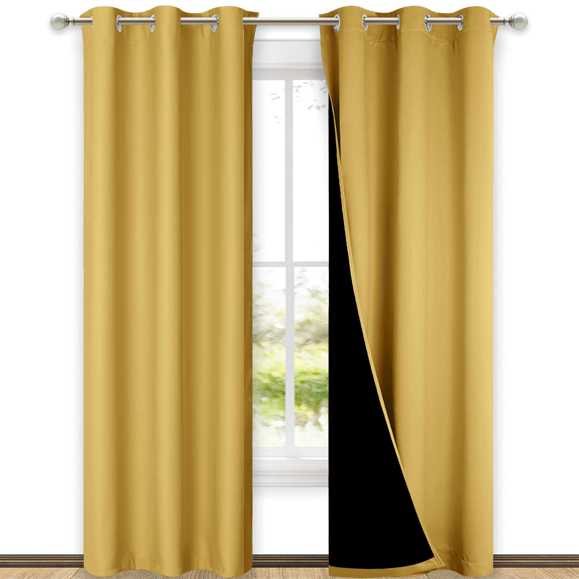NICETOWN Bright Yellow Full Shade Curtain Panels, Pair of Thermal Insulated &amp; Energy Efficiency Blackout Drapes for Living Room Windows, Lined Silky Performance Window Dressing (42" Wide x 84" Long)