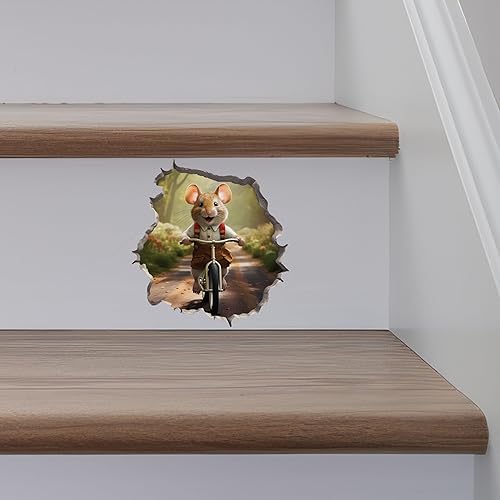 Miniatura 5 de Bike Ride in The Park Boy Mouse in the Mouse Hole Calcomanía de pared 3D con agujero de ratón