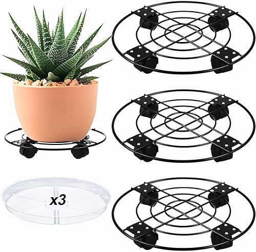 Paquete de 3 cajas grandes de metal para plantas de 13 pulgadas con ruedas, soporte rodante de hierro forjado resistente con ruedas para macetas de
