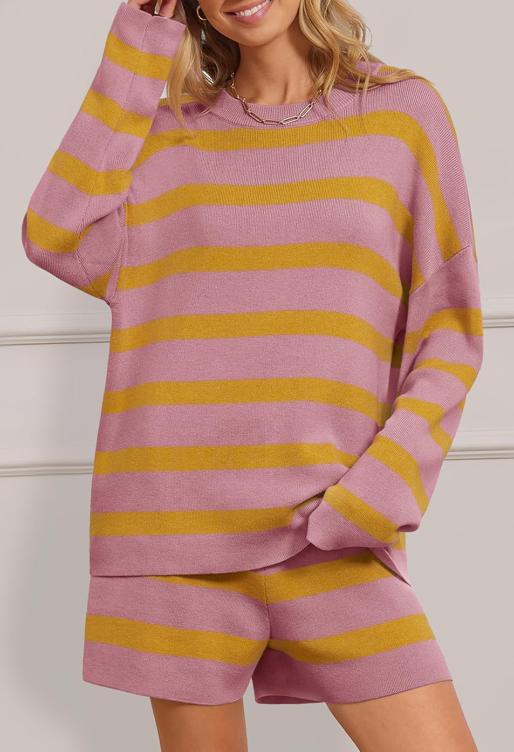 MEROKEETY Women's 2 Piece Sweater Lounge Sets Striped Long Sleeve Shorts Oversized Matching Outfits - Image 2