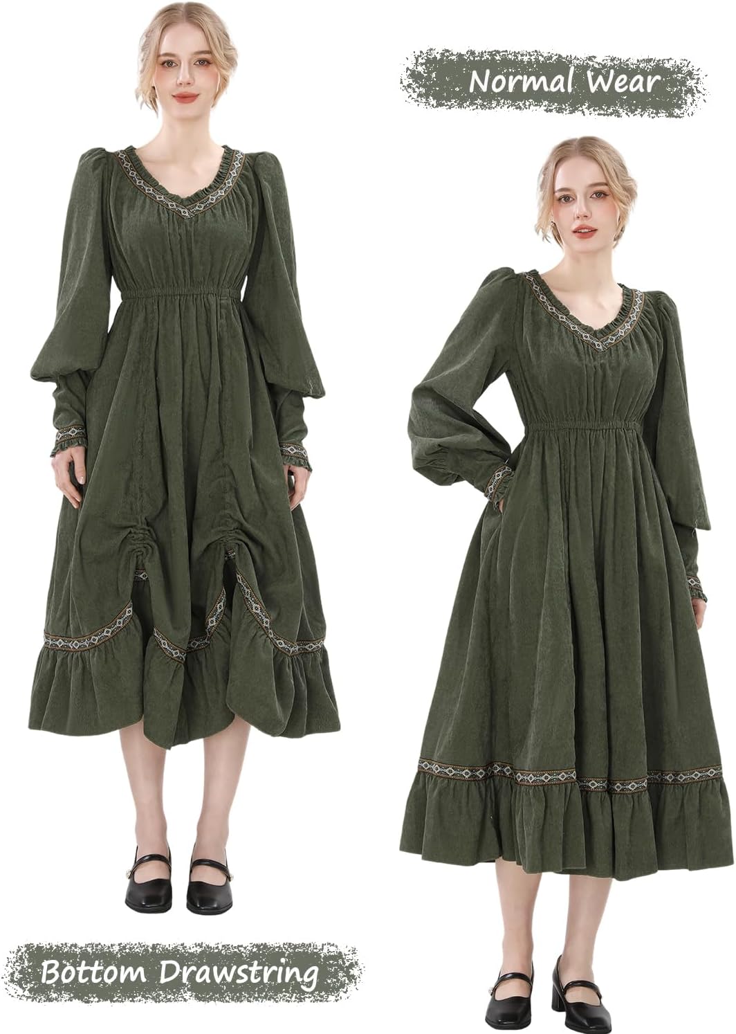CR ROLECOS Renaissance Costume Women Long Sleeve Medieval Dress Peasant Ren Fair Dresses with Pockets Green