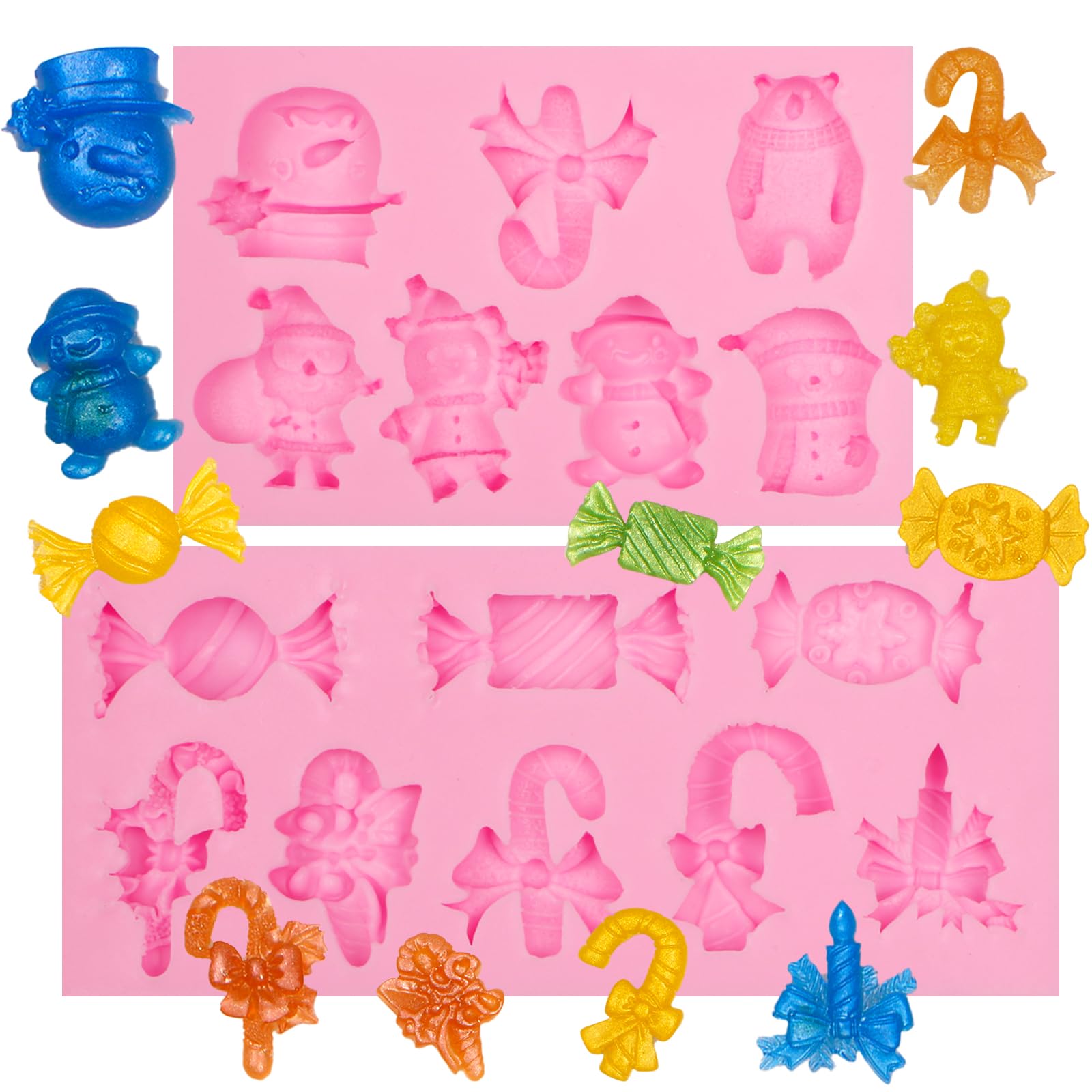 Christmas Candy Molds 2pcs, Santa Claus Snowman Silicone Molds, Xmas Cane Candle Bear Penguin Chocolate Baking Molds for Cake Decoration Cupcake Topper Fondant Cookie Ice Clay Resin DIY Craft