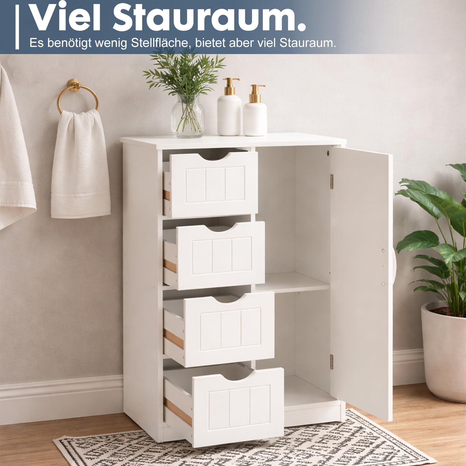 DUMOS Badezimmerschrank, MDF Kommode mit Schubladen, Badschrank Schmal Klein, Beistellschrank mit 4 Schubladen, 60 x 28.5 x 81 cm, für Badezimmer, Wohnzimmer, Schlafzimmer, Esszimmer, Küche, Weiß