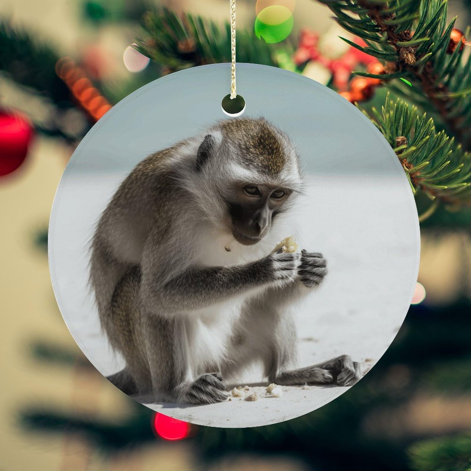 Monkey on The Ground Christmas Ornament for Christmas Tree Ceramic Round Ornament Winter Holiday Keepsake Gift 2.7" Christmas Tree Hanging Decorations Circle Ceramic Pendant Xmas Gift
