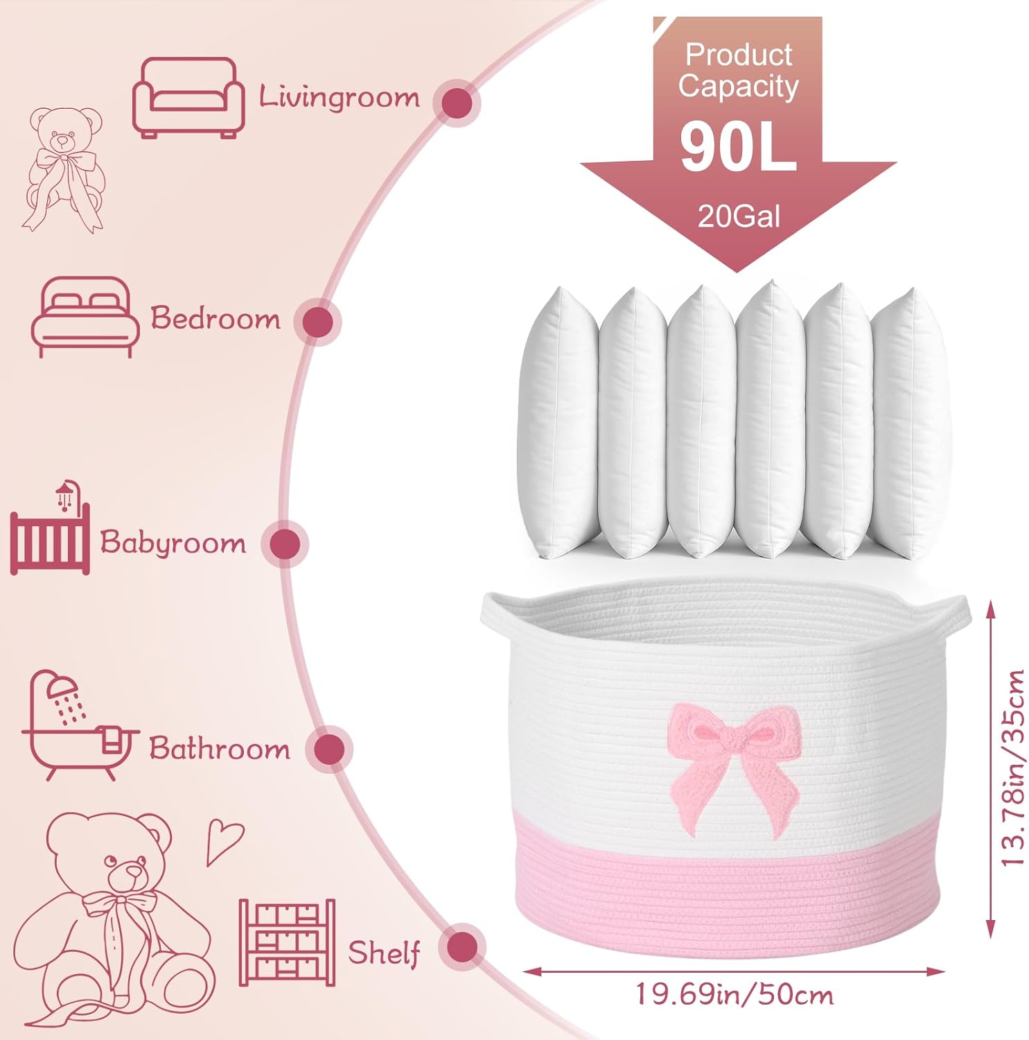 LemonRoad Pink Bow Extra Large Cotton Rope Basket 20"x14", Embroidered Woven Baby Laundry Blanket Basket Box with Handle Storage, Blanket Storage for Living Nursery Pillows Laundry Baby Toy Chest