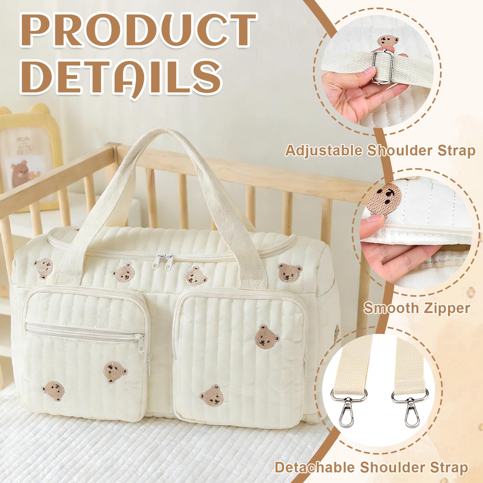 Jadyon Sac à langer matelassé, sac pour l'hôpital, sac de voyage mignon à motif ours pour femmes, sacs de week-end pour femmes, portable et léger, sac pour l'hôpital pour bébé à transporter