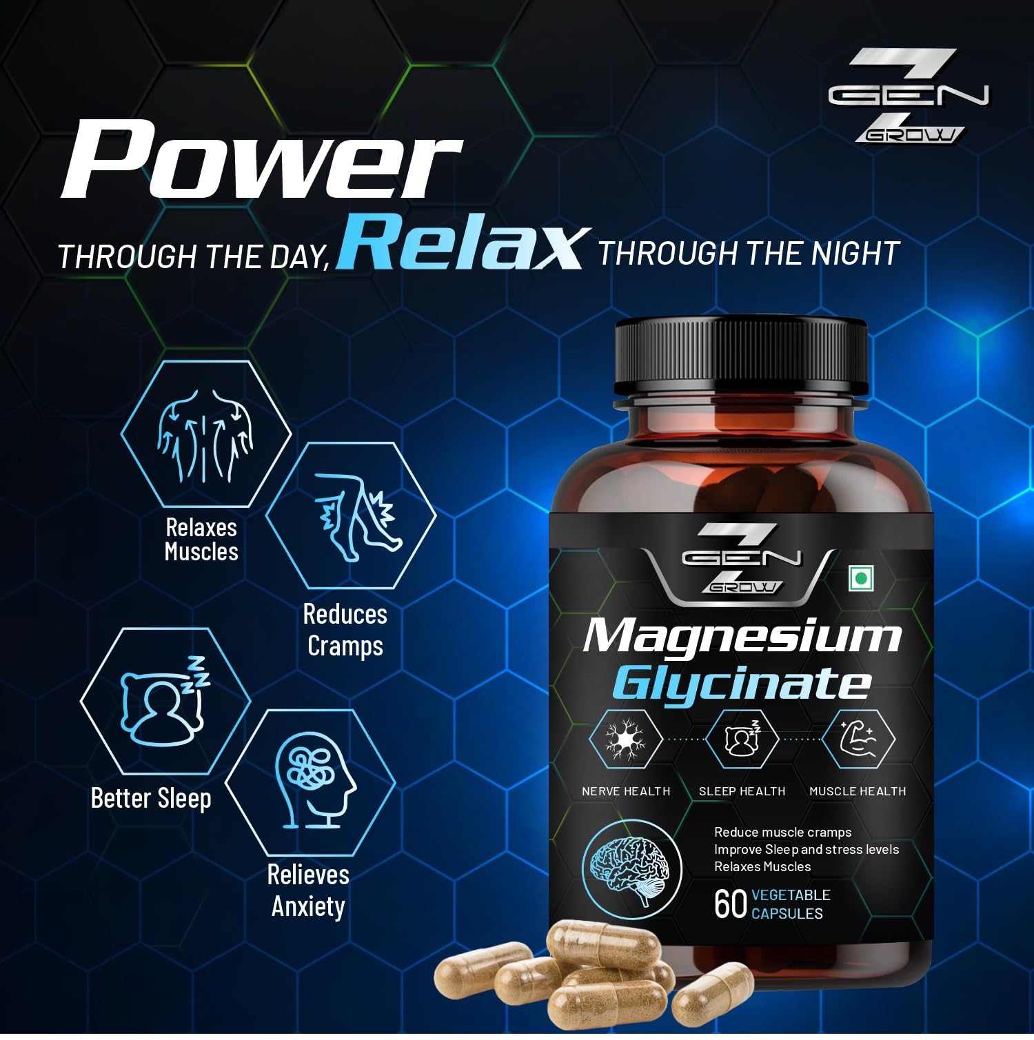 Magnesium Glycinate Double Strength Bisglycinate with Oxide High Absorption Formula Supports Muscle & Nerve Health 60 Veg Capsules (Pack 2) — Amazon image 3