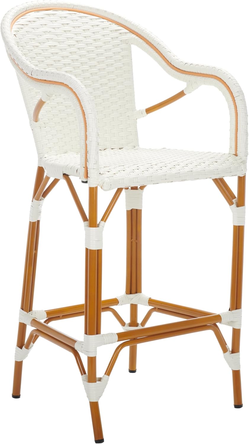 SAFAVIEH Outdoor Collection California White Bar Stool with Arms (Fully Assembled)