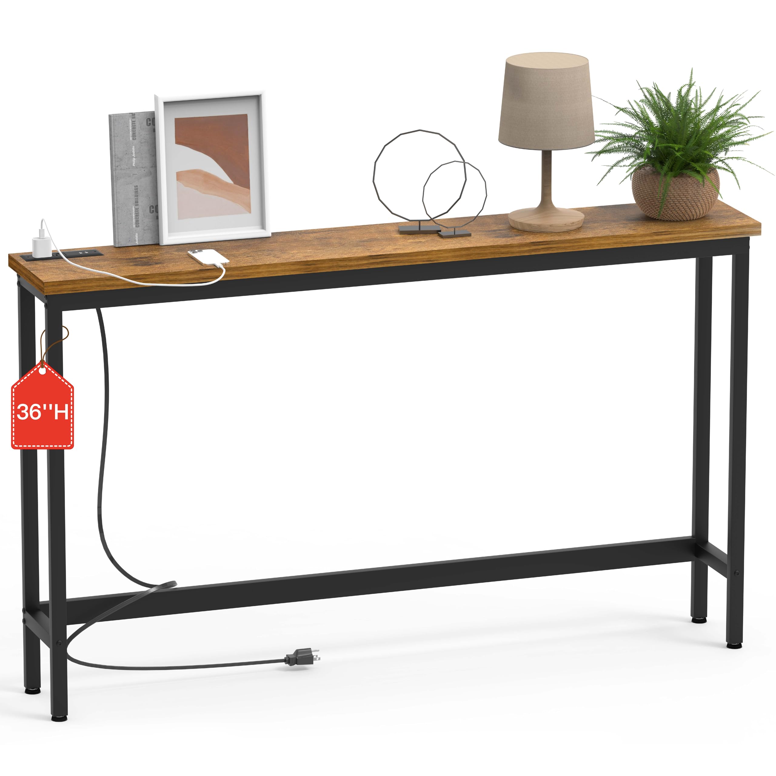 Mesa de sofá de 35 pulgadas de alto, mesa consola estrecha con tomacorriente, mesa de sofá para entrada, pasillo, sala de estar, color marrón
