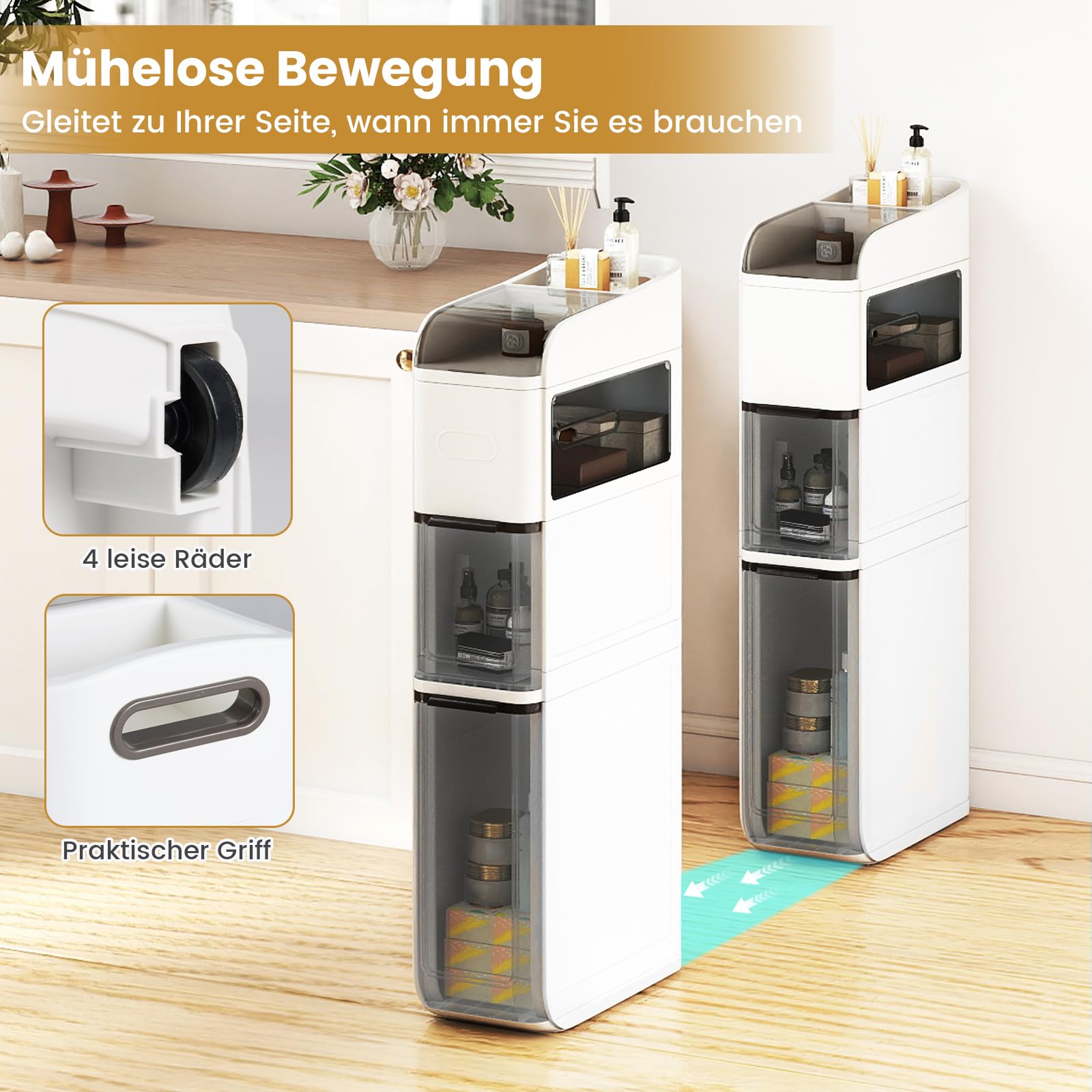 COSTWAY Badrollwagen, Nischenschrank schmal mit 2 Schubladen, Taschentuchbox & oberem Regal, Badezimmerschrank Kunststoff mit Rollen, Aufbewahrungsschrank für kleine Räume, 18 x 43 x 88 cm (Weiß)