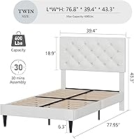 Vista 2 de BarnFurin Marco de Cama Twin, Cama Plataforma Tapizada con Cabecera con Botones Capitoné, Marco de Cama de Tela con Soporte de Listones de Madera