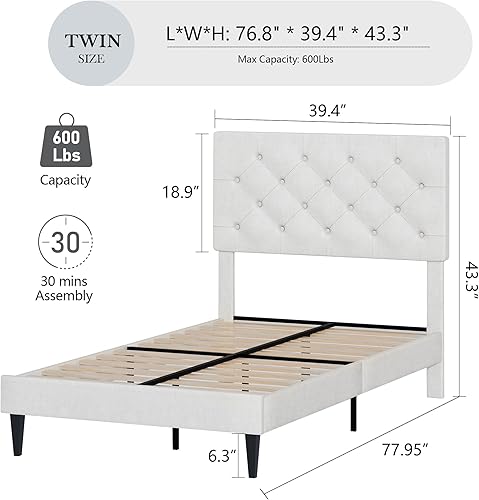 Miniatura 84 de BarnFurin Base de cama de tamaño matrimonial con cabecero, cama de plataforma tapizada con cabecera capitonada con botones ajustables, marco de cama