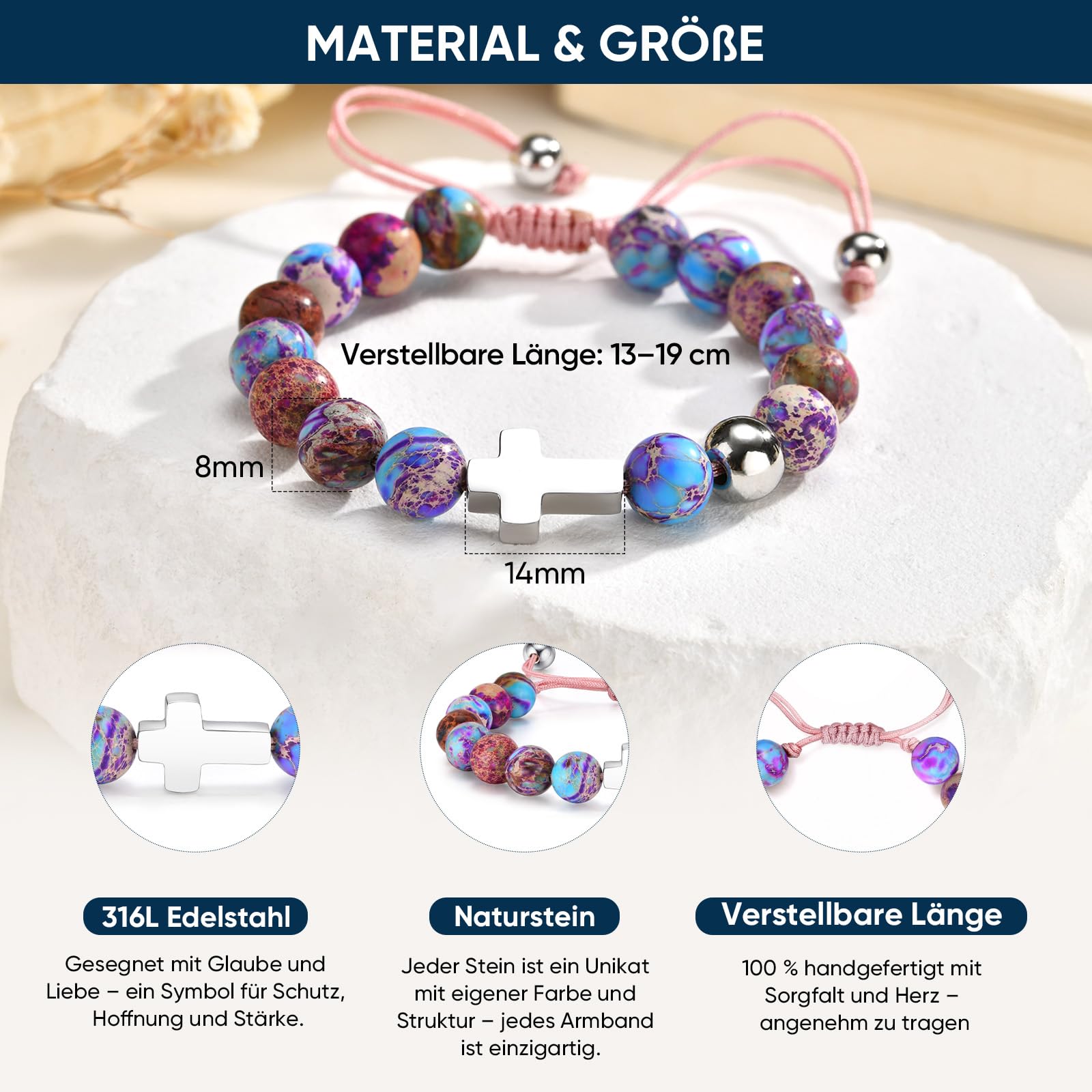 Kommunion Geschenke für Mädchen Kreuz Armband - Naturstein Armbänder mit Kreuz für Kinder Jugendlicher, Kinderarmband für Geburtstag Ostern Konfirmation Firmung Erstkommunion Geschenke für Mädchen - 5