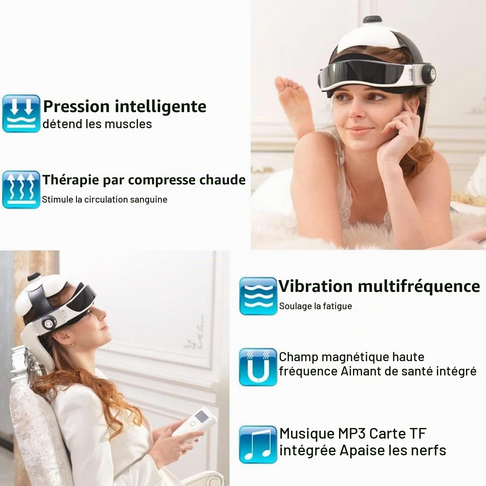 Casque de Massage électrique de la tête, Masseur de Vibrations à Pression d'air avec Massage Profond, Vibrations, Chauffage et Musique, Taille réglable, soulagement de la Douleur, Relaxation