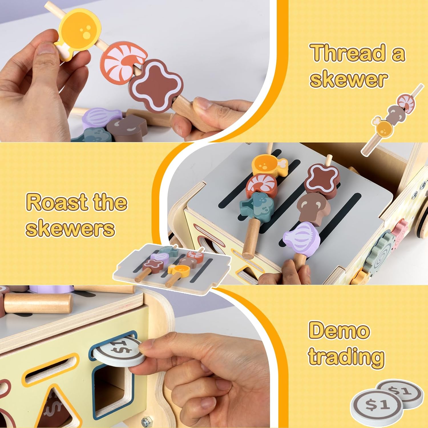 BAUTIA Baby Push Toys, Wooden Play Kitchen Food Cart, Montessori Acitivty Center Walker Toys for 1 2 Year Old Girl Boys Gifts